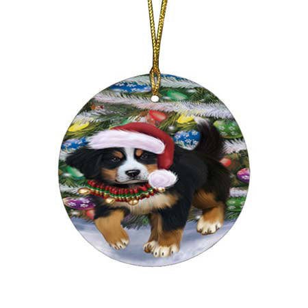 Trotting in the Snow Bernese Mountain Dog Round Flat Christmas Ornament RFPOR55773
