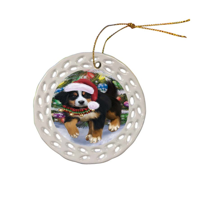 Trotting in the Snow Bernese Mountain Dog Ceramic Doily Ornament DPOR55773