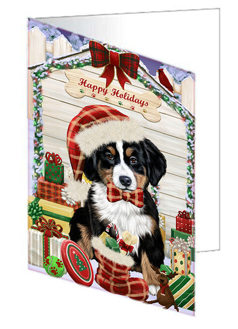 Happy Holidays Christmas Bernese Mountain Dog House with Presents Handmade Artwork Assorted Pets Greeting Cards and Note Cards with Envelopes for All Occasions and Holiday Seasons GCD58043