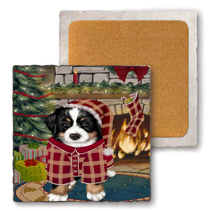The Stocking was Hung Bernese Mountain Dog Set of 4 Natural Stone Marble Tile Coasters MCST50210