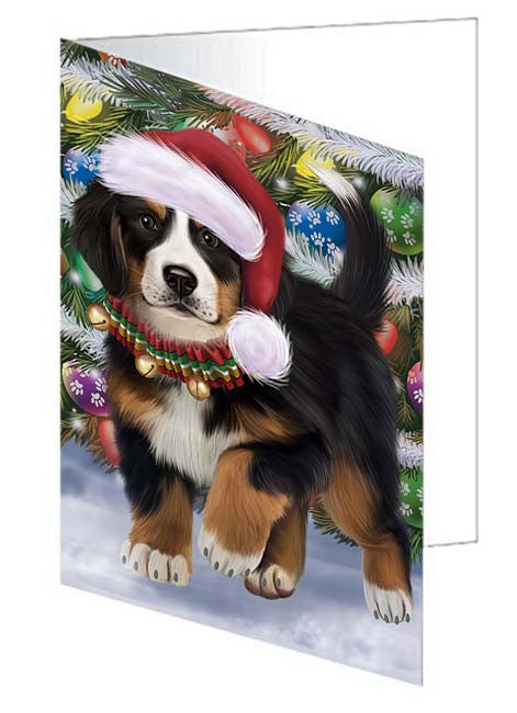 Trotting in the Snow Bernese Mountain Dog Handmade Artwork Assorted Pets Greeting Cards and Note Cards with Envelopes for All Occasions and Holiday Seasons GCD70769