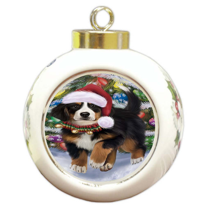 Trotting in the Snow Bernese Mountain Dog Round Ball Christmas Ornament RBPOR55774