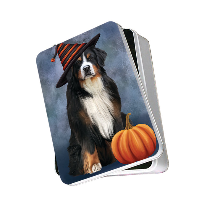 Happy Halloween Bernese Mountain Dog Wearing Witch Hat with Pumpkin Photo Storage Tin PITN54877