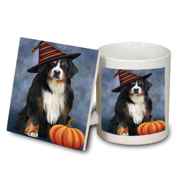 Happy Halloween Bernese Mountain Dog Wearing Witch Hat with Pumpkin Mug and Coaster Set MUC54926