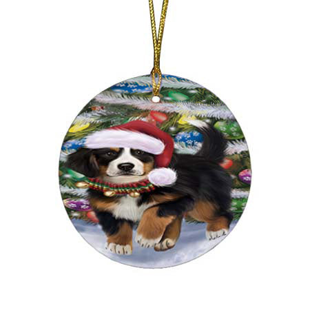 Trotting in the Snow Bernese Mountain Dog Round Flat Christmas Ornament RFPOR55774