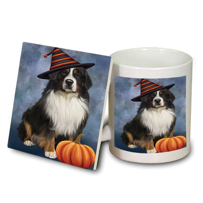 Happy Halloween Bernese Mountain Dog Wearing Witch Hat with Pumpkin Mug and Coaster Set MUC54927