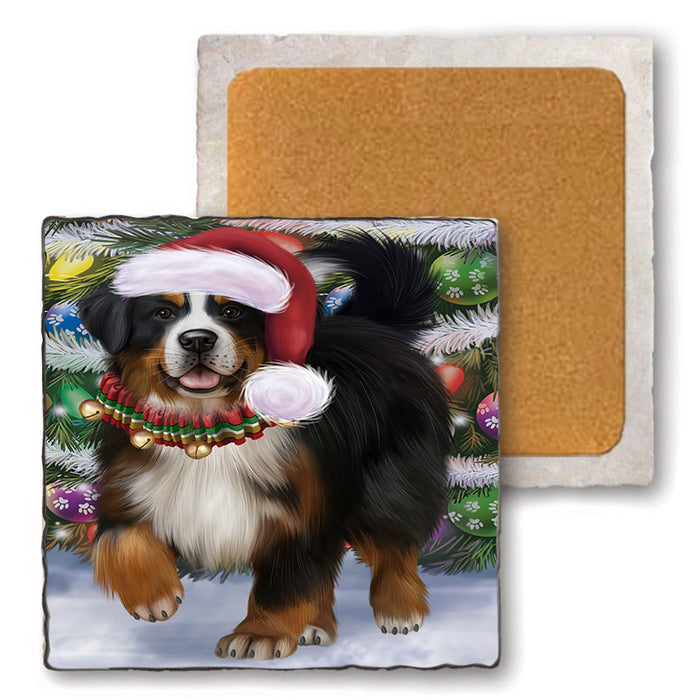 Trotting in the Snow Bernese Mountain Dog Set of 4 Natural Stone Marble Tile Coasters MCST50419