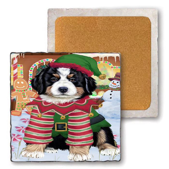 Christmas Gingerbread House Candyfest Bernese Mountain Dog Set of 4 Natural Stone Marble Tile Coasters MCST51182
