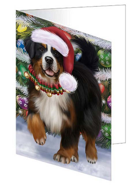 Trotting in the Snow Bernese Mountain Dog Handmade Artwork Assorted Pets Greeting Cards and Note Cards with Envelopes for All Occasions and Holiday Seasons GCD70772