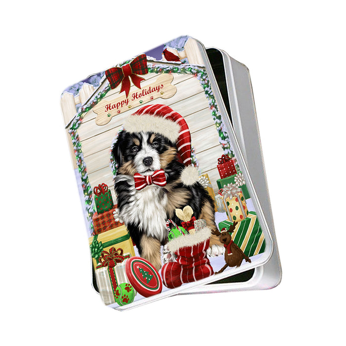 Happy Holidays Christmas Bernese Mountain Dog House with Presents Photo Storage Tin PITN51339