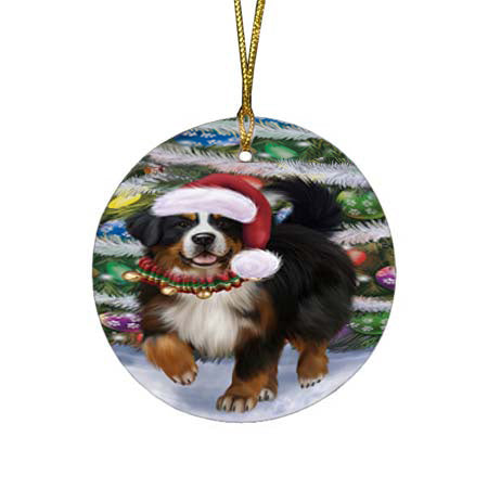 Trotting in the Snow Bernese Mountain Dog Round Flat Christmas Ornament RFPOR55775