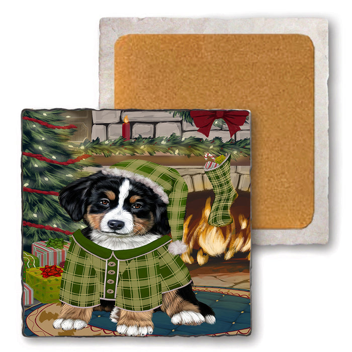 The Stocking was Hung Bernese Mountain Dog Set of 4 Natural Stone Marble Tile Coasters MCST50211