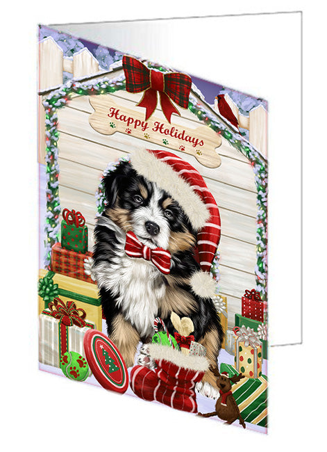 Happy Holidays Christmas Bernese Mountain Dog House with Presents Handmade Artwork Assorted Pets Greeting Cards and Note Cards with Envelopes for All Occasions and Holiday Seasons GCD58046