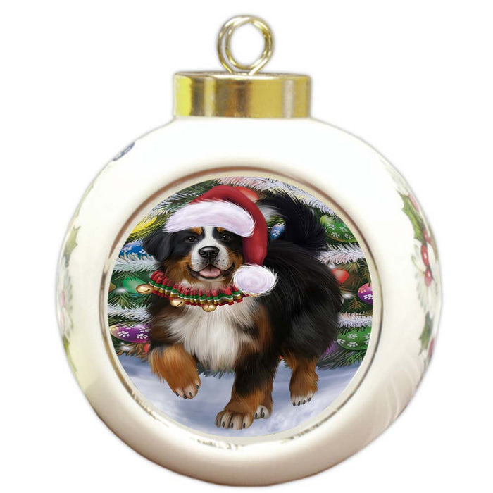 Trotting in the Snow Bernese Mountain Dog Round Ball Christmas Ornament RBPOR55775