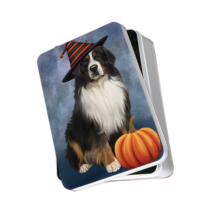 Happy Halloween Bernese Mountain Dog Wearing Witch Hat with Pumpkin Photo Storage Tin PITN54878