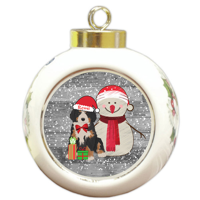 Custom Personalized Snowy Snowman and Bernese Mountain Dog Christmas Round Ball Ornament