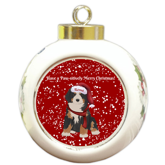 Custom Personalized Pawsitively Bernese Mountain Dog Merry Christmas Round Ball Ornament
