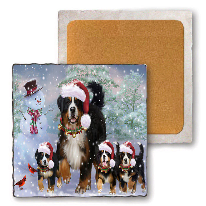 Christmas Running Family Bernese Mountain Dogs Set of 4 Natural Stone Marble Tile Coasters MCST50463
