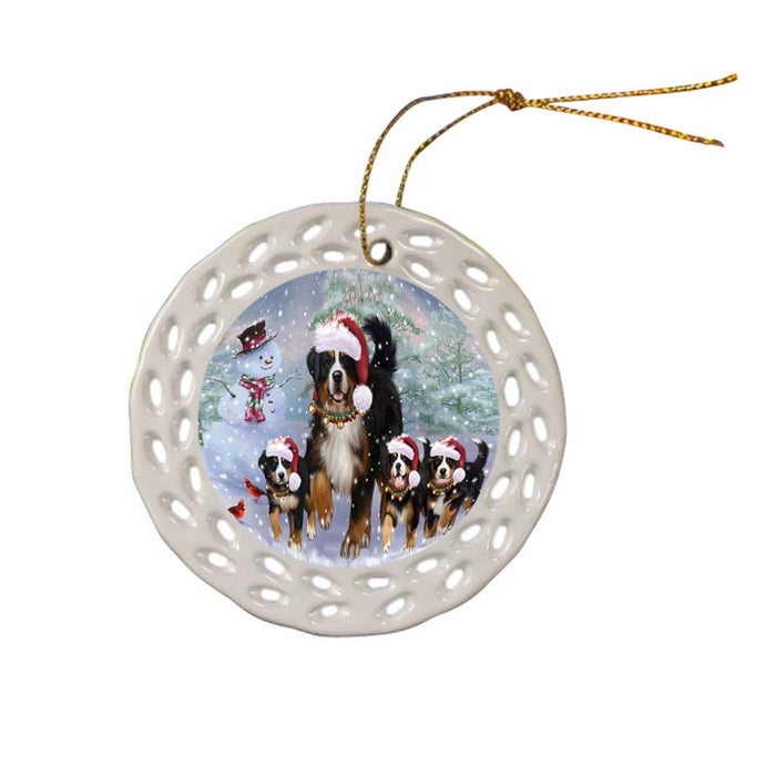 Christmas Running Family Bernese Mountain Dogs Ceramic Doily Ornament DPOR55819