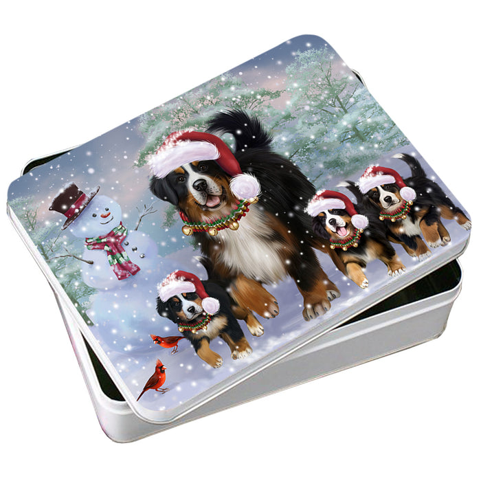 Christmas Running Family Bernese Mountain Dogs Photo Storage Tin PITN55406