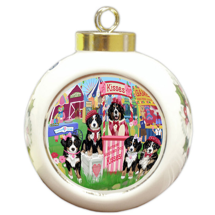 Carnival Kissing Booth Bernese Mountain Dogs Round Ball Christmas Ornament RBPOR56140
