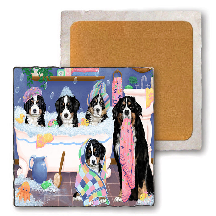 Rub A Dub Dogs In A Tub Bernese Mountain Dogs Set of 4 Natural Stone Marble Tile Coasters MCST51764
