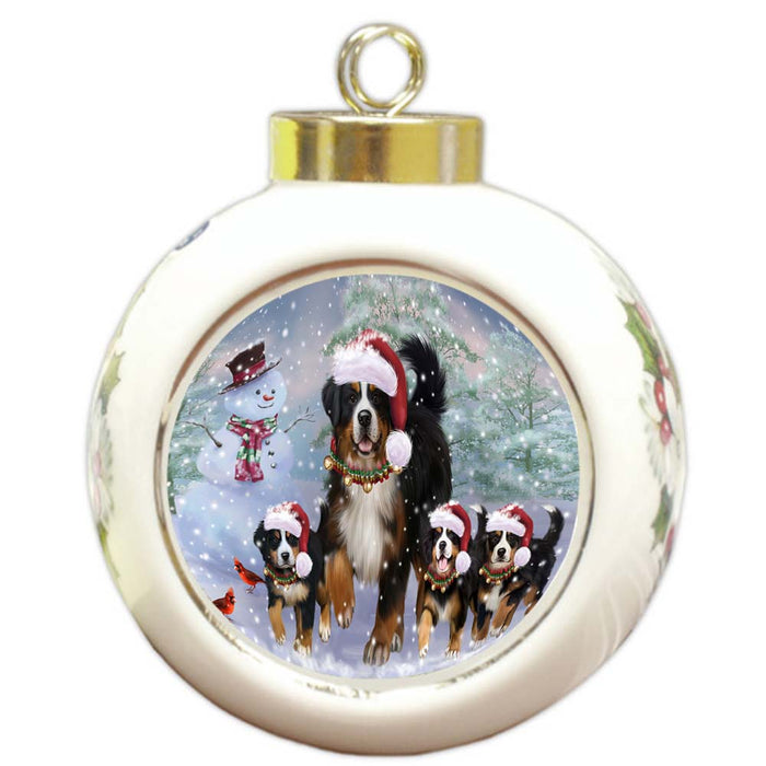 Christmas Running Family Bernese Mountain Dogs Round Ball Christmas Ornament RBPOR55819