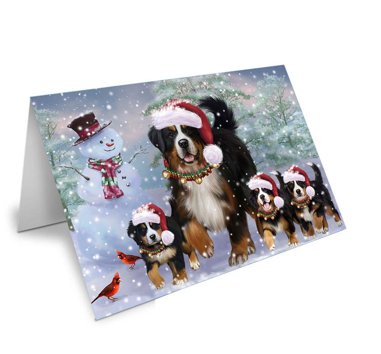 Christmas Running Family Bernese Mountain Dogs Handmade Artwork Assorted Pets Greeting Cards and Note Cards with Envelopes for All Occasions and Holiday Seasons GCD70904