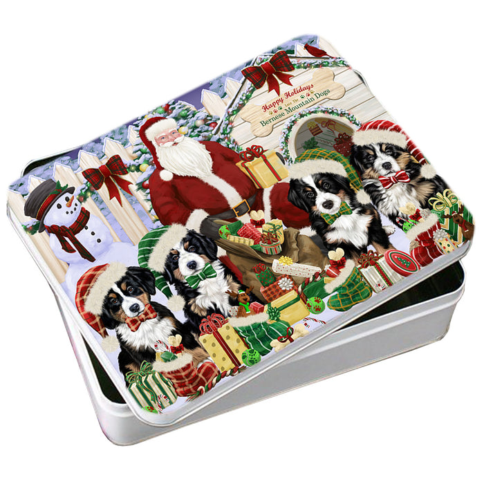 Happy Holidays Christmas Bernese Mountain Dogs House Gathering Photo Storage Tin PITN51280