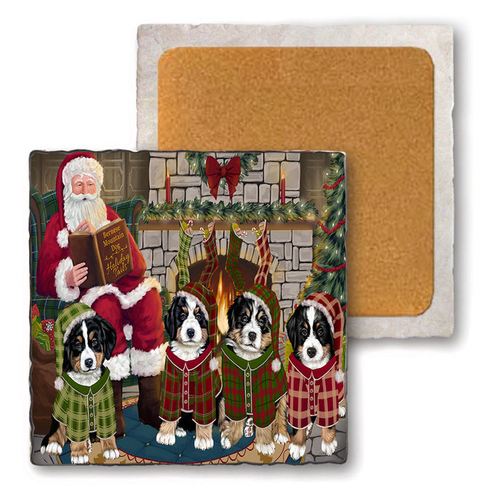Christmas Cozy Holiday Tails Bernese Mountain Dogs Set of 4 Natural Stone Marble Tile Coasters MCST50100