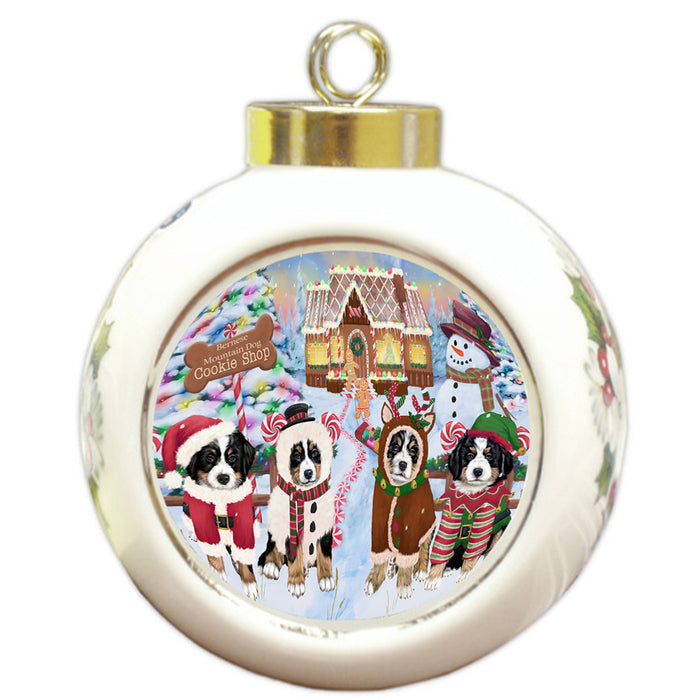 Holiday Gingerbread Cookie Shop Bernese Mountain Dogs Round Ball Christmas Ornament RBPOR56462