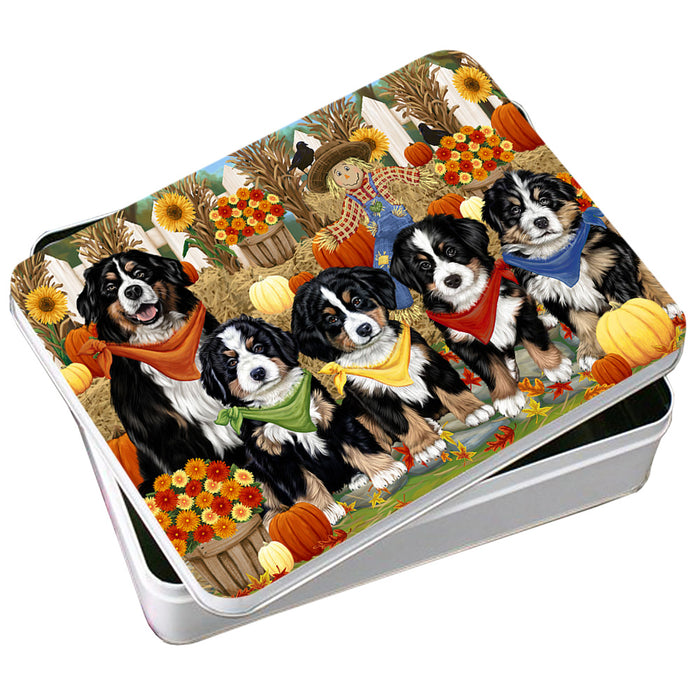 Fall Festive Gathering Bernese Mountain Dogs with Pumpkins Photo Storage Tin PITN50624