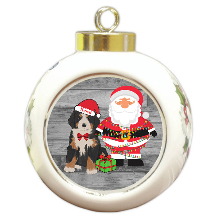 Custom Personalized Bernese Mountain Dog With Santa Wrapped in Light Christmas Round Ball Ornament