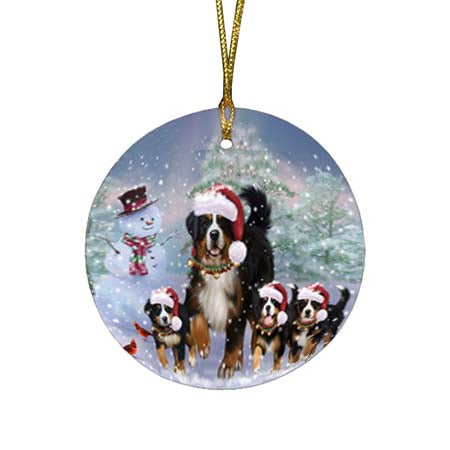 Christmas Running Family Bernese Mountain Dogs Round Flat Christmas Ornament RFPOR55819