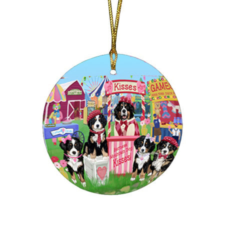 Carnival Kissing Booth Bernese Mountain Dogs Round Flat Christmas Ornament RFPOR56140