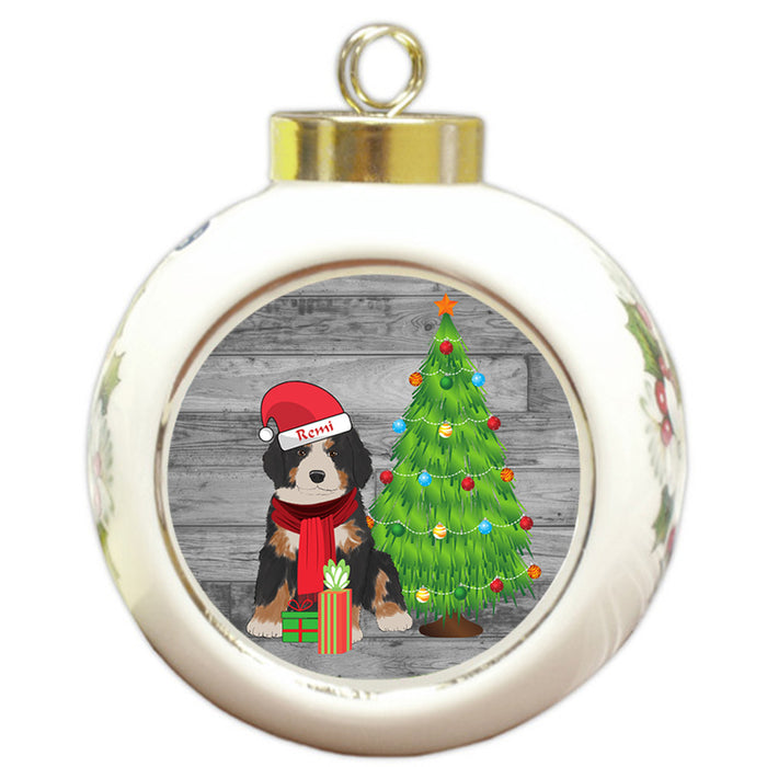 Custom Personalized Bernese Mountain Dog With Tree and Presents Christmas Round Ball Ornament