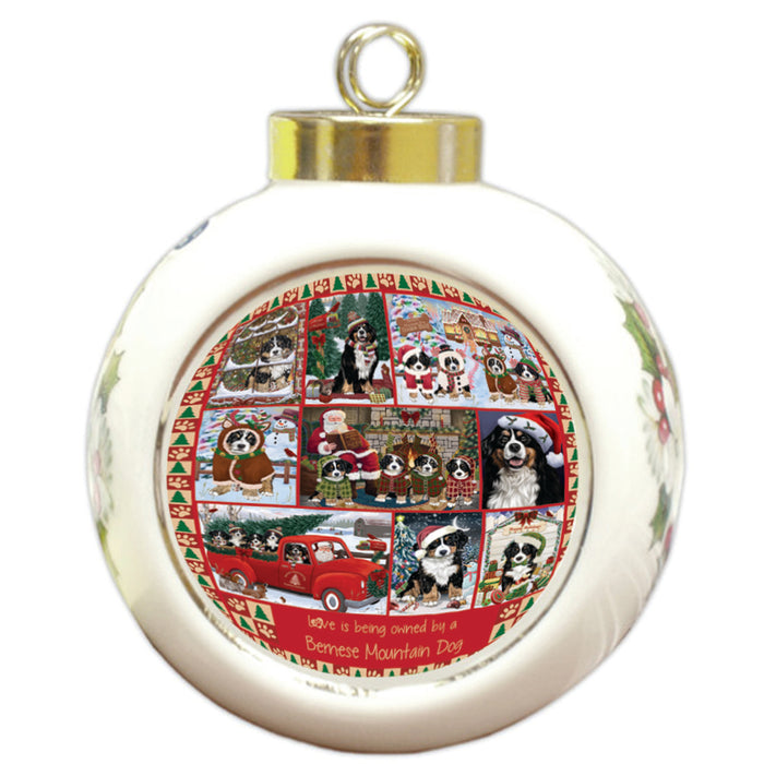 Love is Being Owned Christmas Bernese Mountain Dogs Round Ball Christmas Ornament RBPOR58357