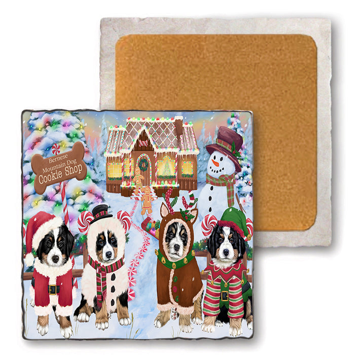 Holiday Gingerbread Cookie Shop Bernese Mountain Dogs Set of 4 Natural Stone Marble Tile Coasters MCST51106