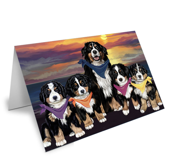 Family Sunset Portrait Bernese Mountain Dogs Handmade Artwork Assorted Pets Greeting Cards and Note Cards with Envelopes for All Occasions and Holiday Seasons GCD54737