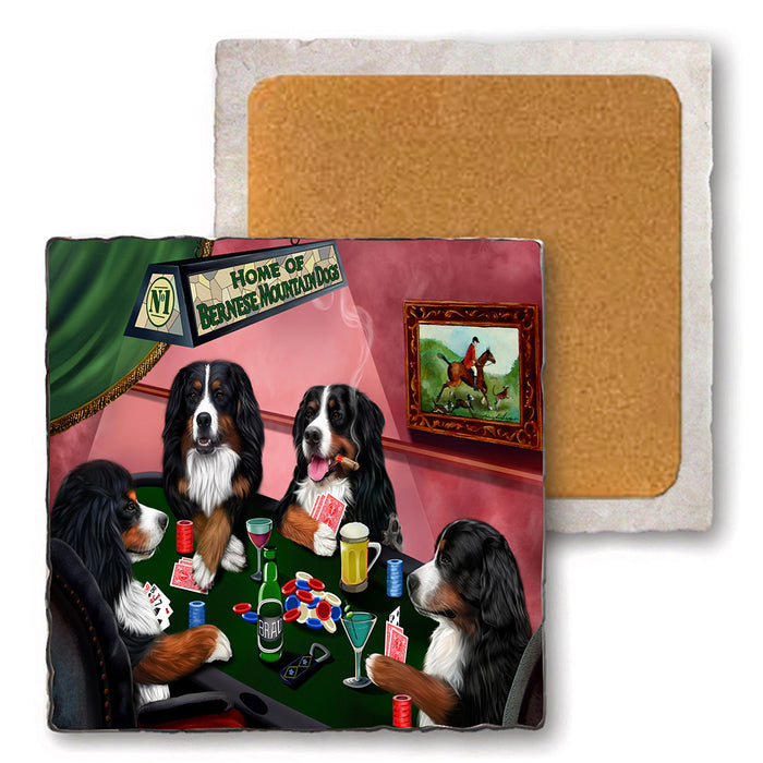 Set of 4 Natural Stone Marble Tile Coasters - Home of Bernese Mountain 4 Dogs Playing Poker MCST48006