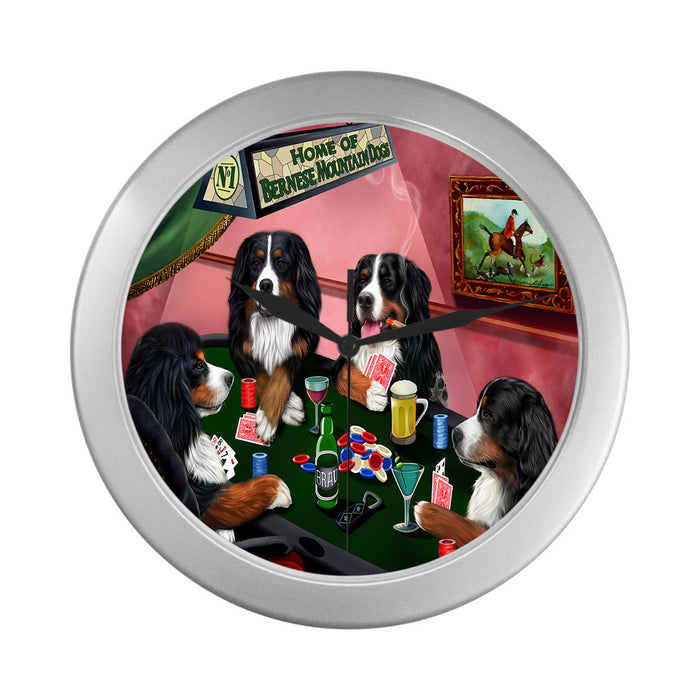 Home of Bernese Mountain Dogs Playing Poker Silver Wall Clocks