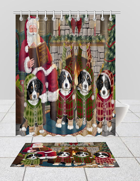 Christmas Cozy Holiday Fire Tails Bernese Mountain Dogs Bath Mat and Shower Curtain Combo