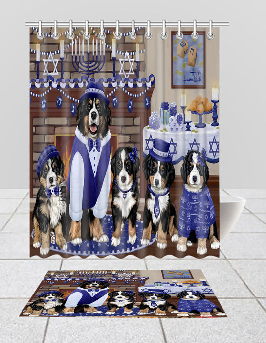 Happy Hanukkah Family Bernese Mountain Dogs Bath Mat and Shower Curtain Combo
