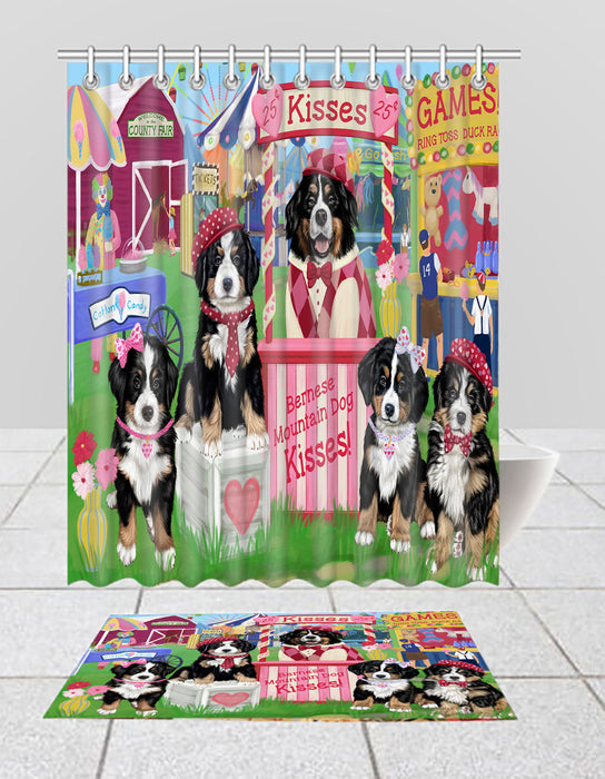 Carnival Kissing Booth Bernese Mountain Dogs  Bath Mat and Shower Curtain Combo