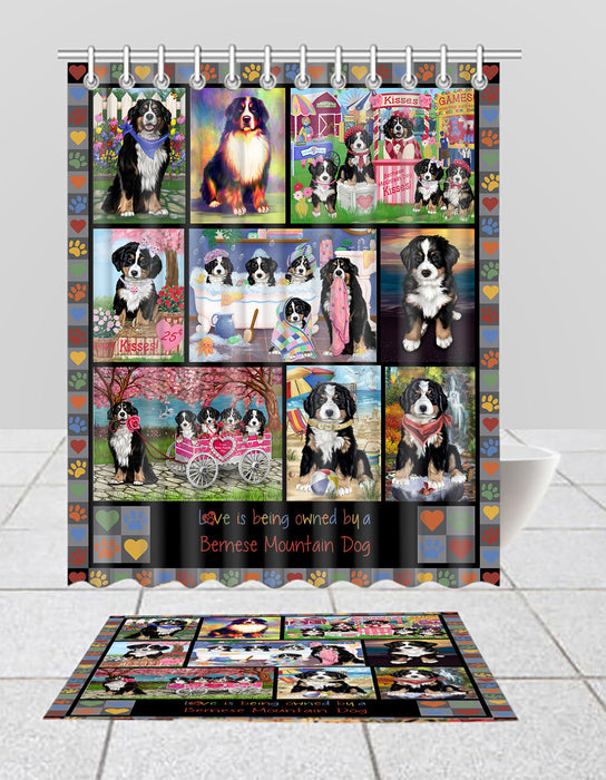 Love is Being Owned Bernese Mountain Dog Grey Bath Mat and Shower Curtain Combo