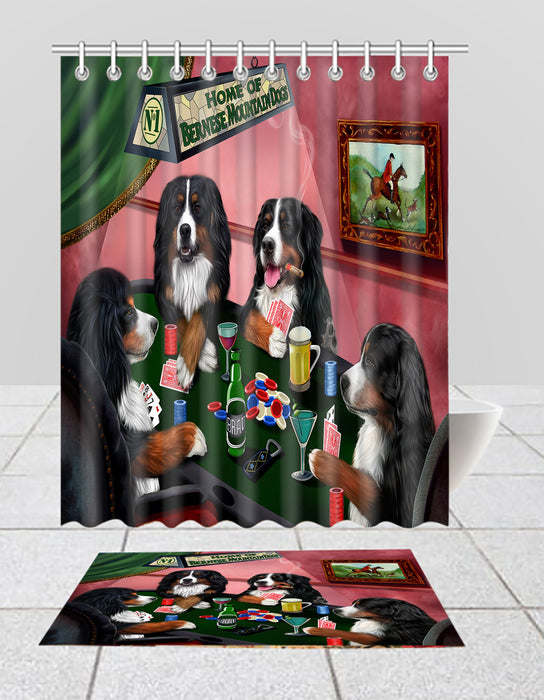Home of  Bernese Mountain Dogs Playing Poker Bath Mat and Shower Curtain Combo