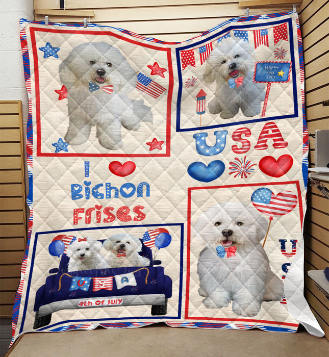 4th of July Independence Day I Love USA Bichon Frise Dogs Quilt Bed Coverlet Bedspread - Pets Comforter Unique One-side Animal Printing - Soft Lightweight Durable Washable Polyester Quilt