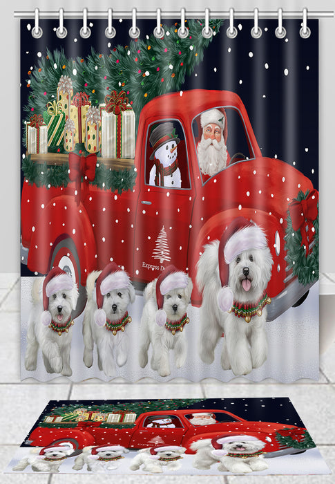Christmas Express Delivery Red Truck Running Bichon Frise Dogs Bath Mat and Shower Curtain Combo