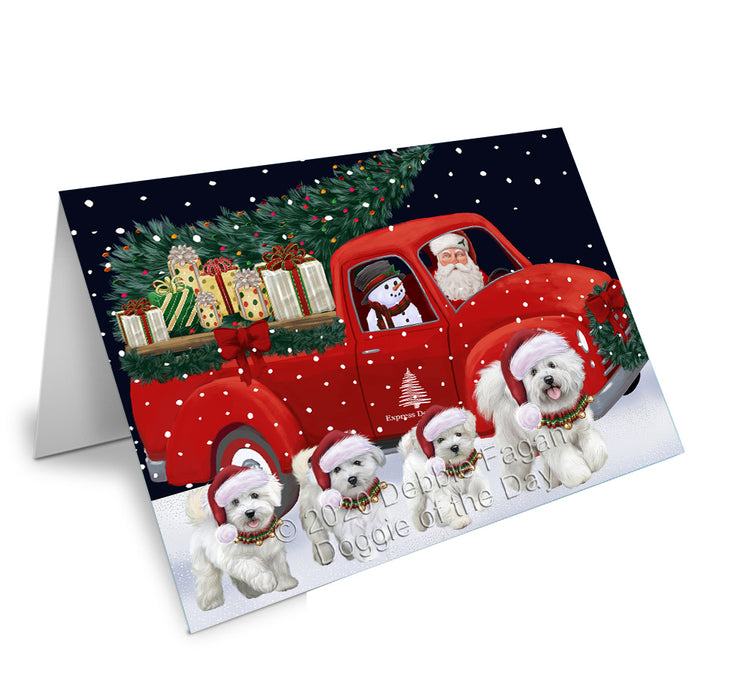 Christmas Express Delivery Red Truck Running Bichon Frise Dogs Handmade Artwork Assorted Pets Greeting Cards and Note Cards with Envelopes for All Occasions and Holiday Seasons GCD75071