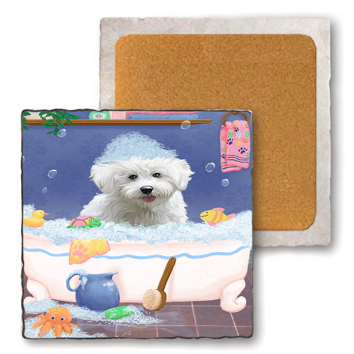 Rub A Dub Dog In A Tub Bichon Frise Dog Set of 4 Natural Stone Marble Tile Coasters MCST52309